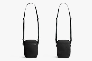 Two Bellroy City Pouch crossbody bags shown front and back on a white background, featuring fine weave material and adjustable straps.