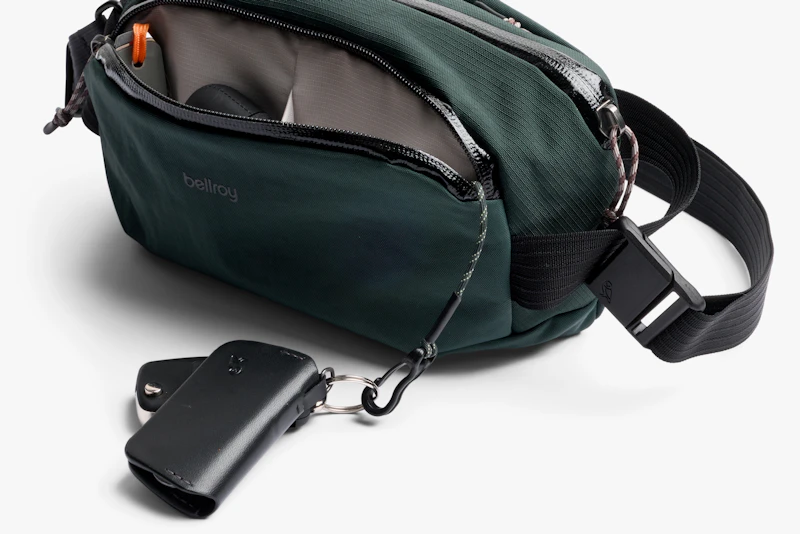 Bellroy Venture Ready Sling 2.5L opened showing organized interior and key clip